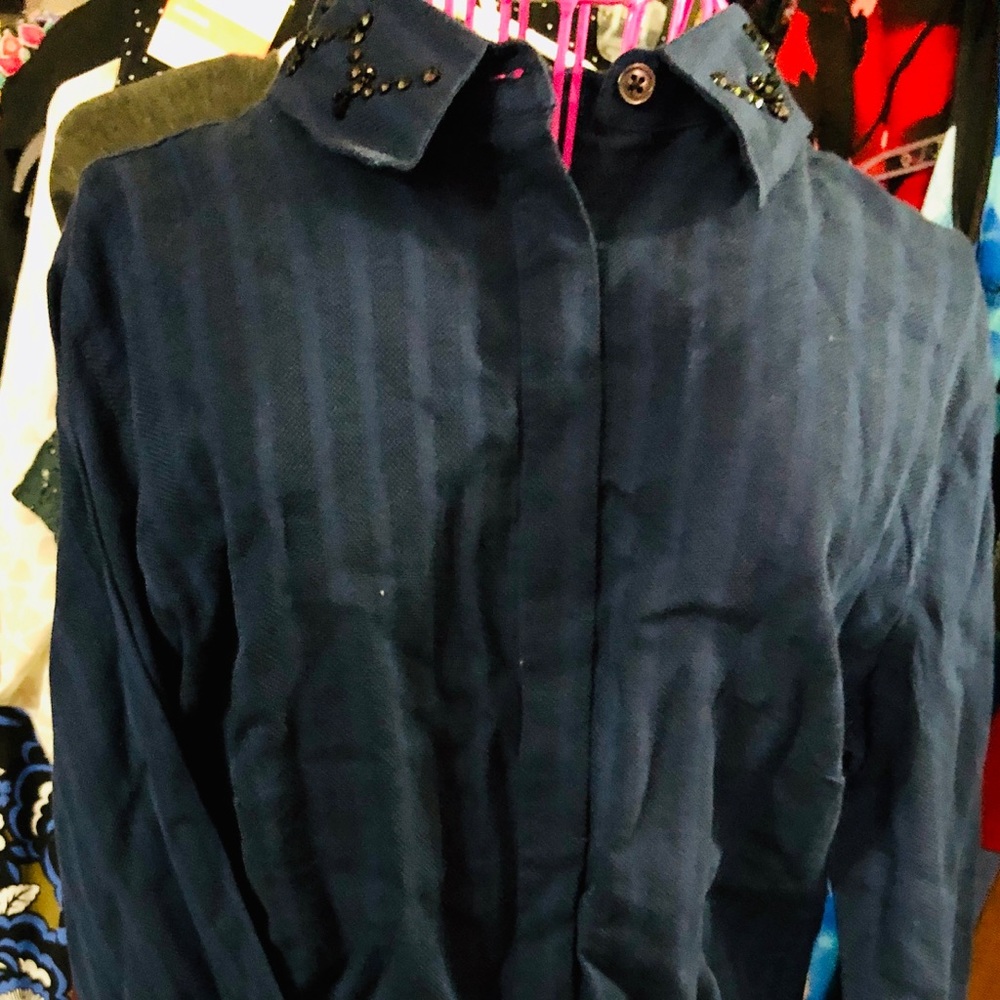 NWT Loft navy blue embellished collar shirt XS